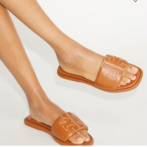 Tory Burch Cognac and Gold Leather Logo Slide Sandals